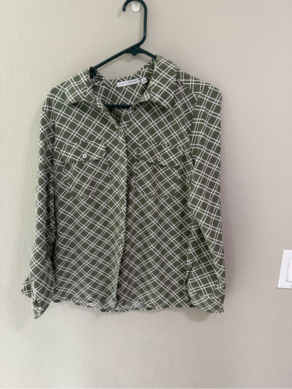 Notations Olive Green Grid Button Front Blouse Utility Shirt Size M